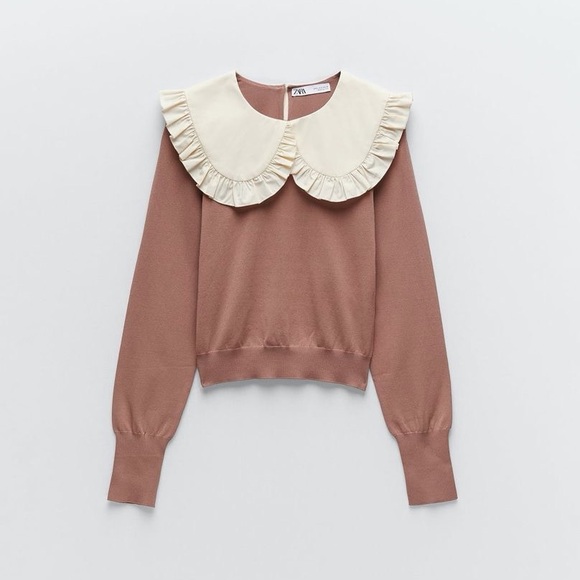 Zara Ruffled Peter Pan Collar Knit Top Blush Pink S - Picture 2 of 15